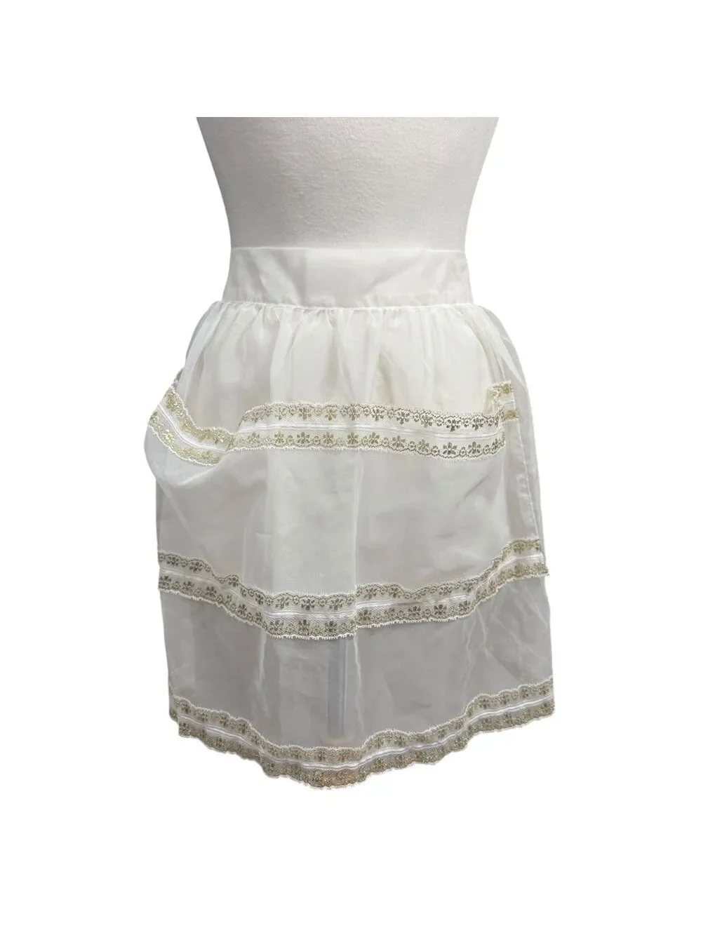Vintage Handmade Apron One Size White with Gold Trim